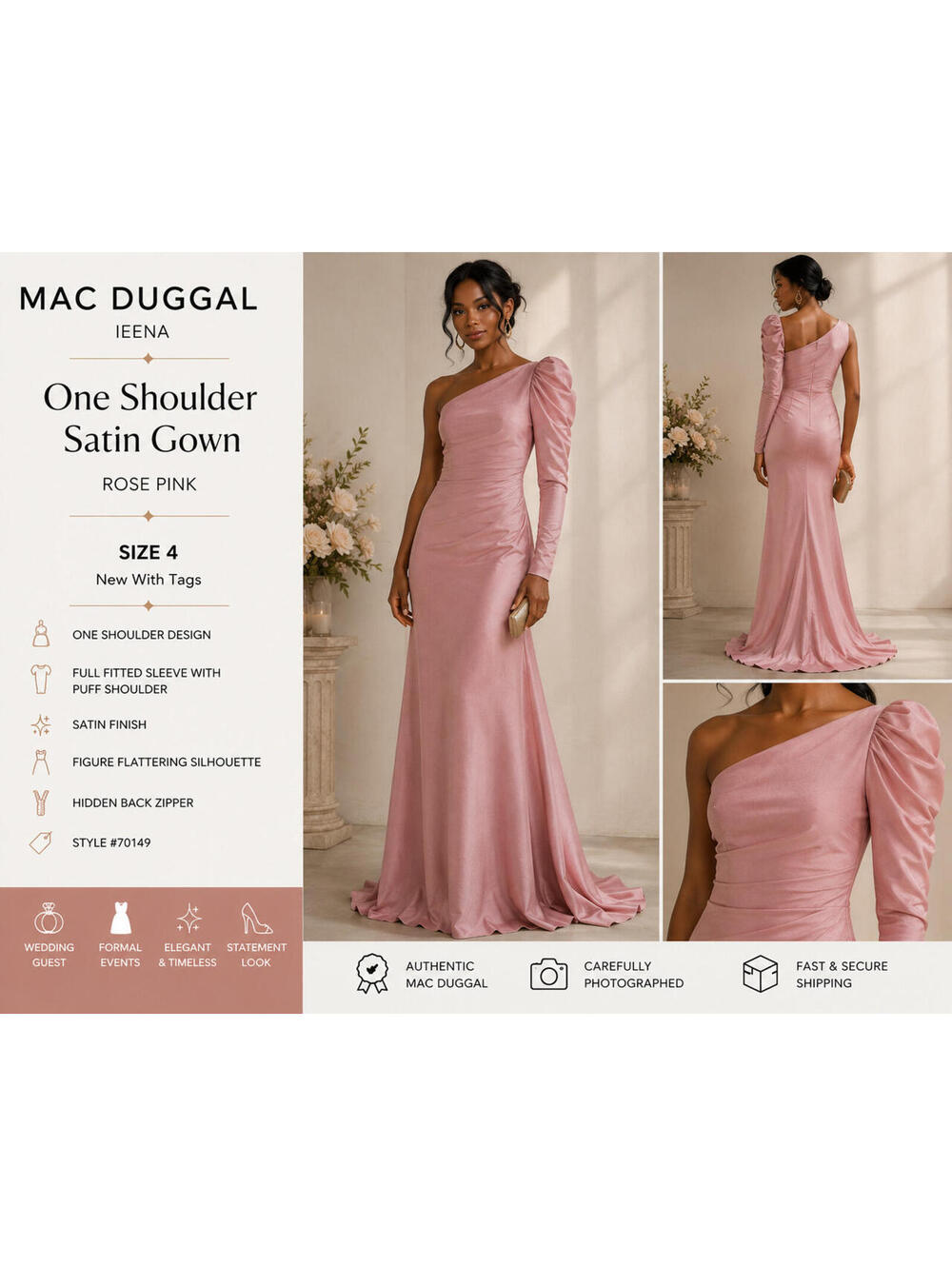 Mac Duggal Ieena Pink Satin One Shoulder Evening Gown Size 4 Formal Wedding Gues